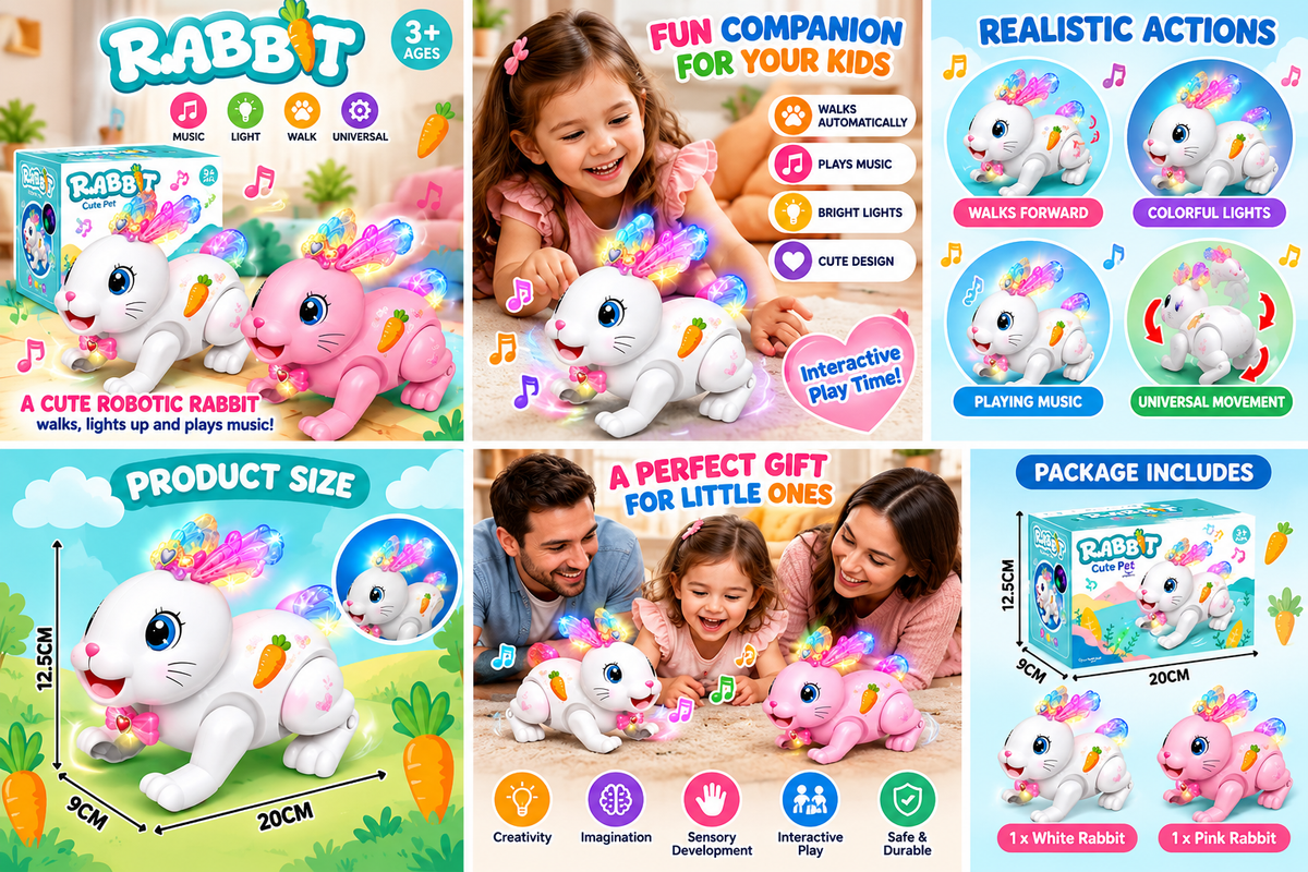Cute Electric Rabbit Toy for Kids – Walking Rabbit with Colorful Lights & Music | Interactive Pet Toy