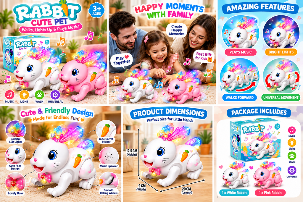 Cute Electric Rabbit Toy for Kids – Walking Rabbit with Colorful Lights & Music | Interactive Pet Toy