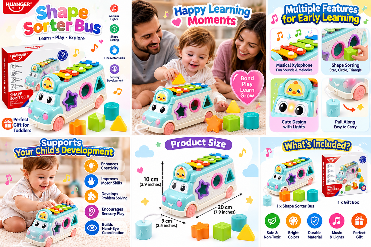 HUANGER Shape Sorter Bus Toy for Kids – Musical Xylophone, Shape Sorting, Pull-Along & Educational Learning Toy