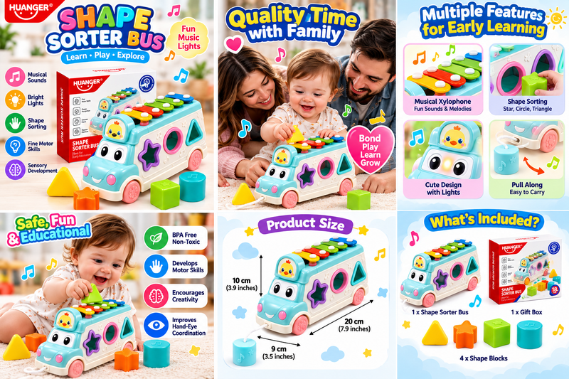 HUANGER Shape Sorter Bus Toy for Kids – Musical Xylophone, Shape Sorting, Pull-Along & Educational Learning Toy