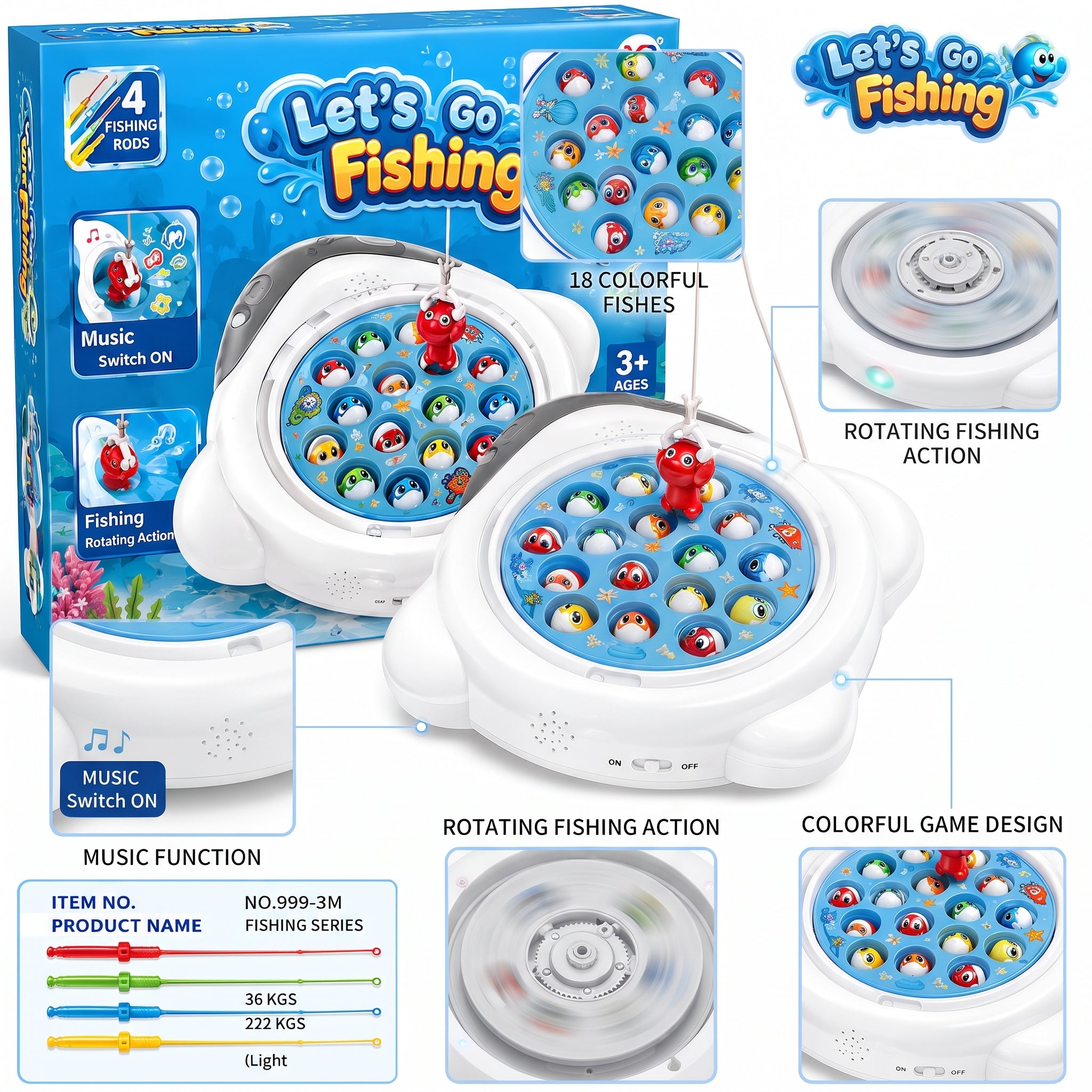 Let's Go Fishing - Musical Rotating Fishing Game with 18 Colorful Fish and 4 Fishing Rods for Kids