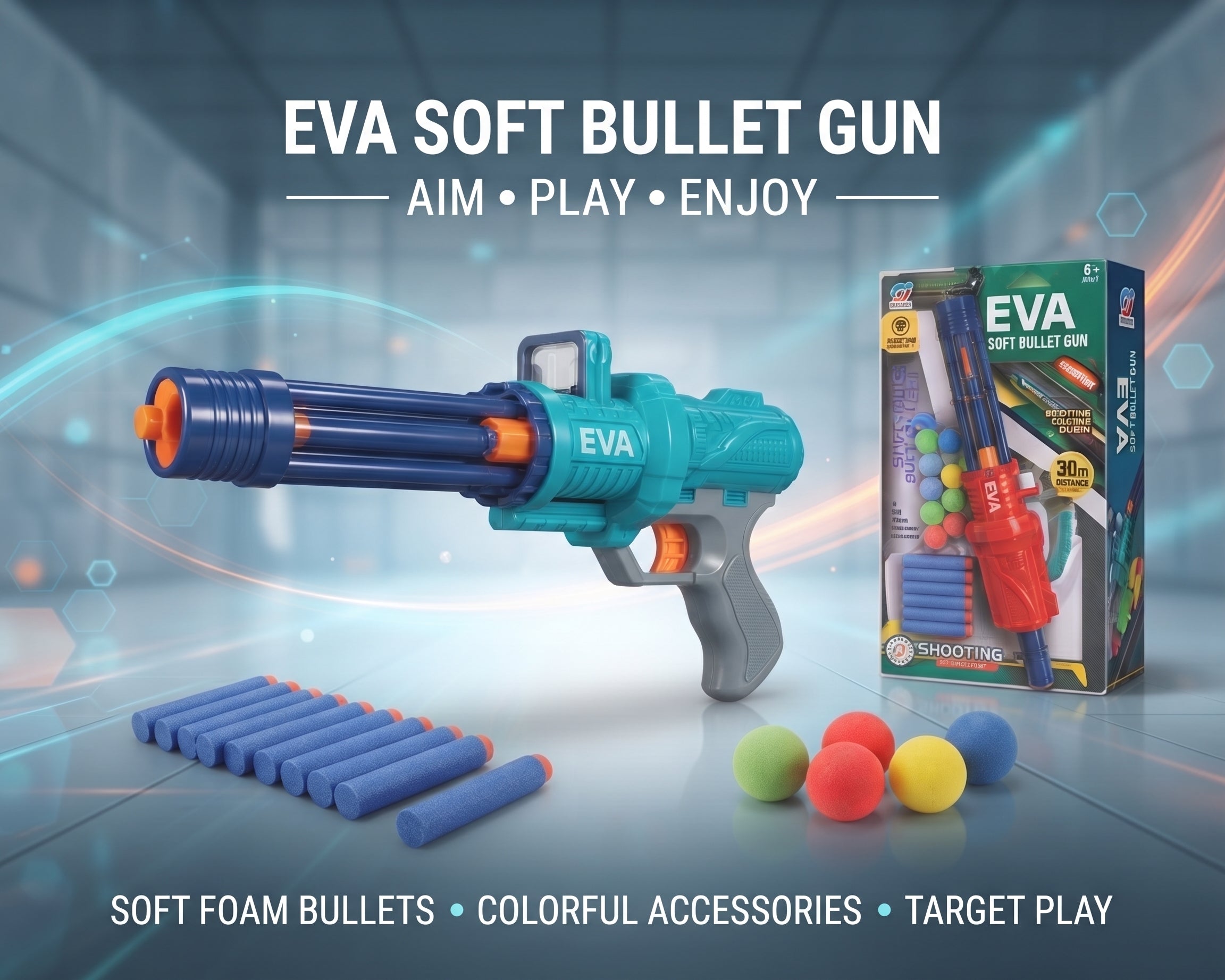 EVA Soft Bullet Gun Toy Set (Item No. HC-688-1) – Foam Dart and Colorful Ball Blaster with Multi-Shot Barrel, 15 Soft Darts, and Display Box for Kids Age 6+