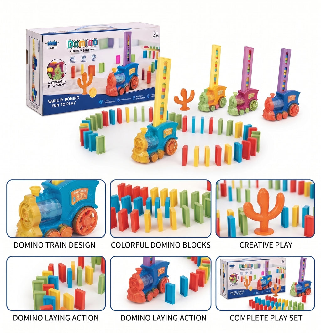 DOMINO Train Toy Set – Automatic Domino Laying Electric Locomotive with Colorful Blocks, Sound Effects, and Gift Box for Kids Age 3+