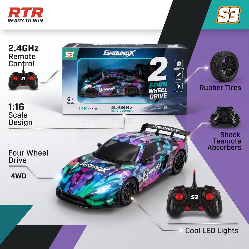 S3 GROUNDX 1:16 RC Racing Sports Car | 2.4GHz 4WD Remote Control Car with LED Lights