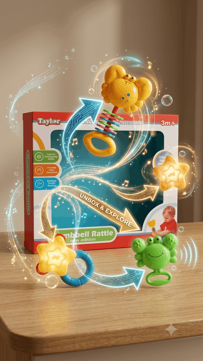 Taylor Dumbbell Rattle New Edition – Infant Teething and Sensory Rattle Toy Set for Babies (3+ Months)