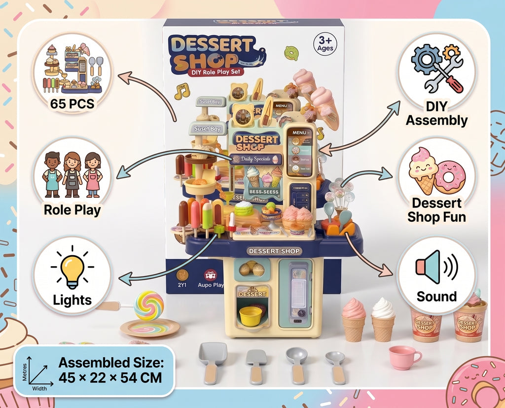 65 PCS Kids Dessert Shop DIY Role Play Set with Lights & Sound