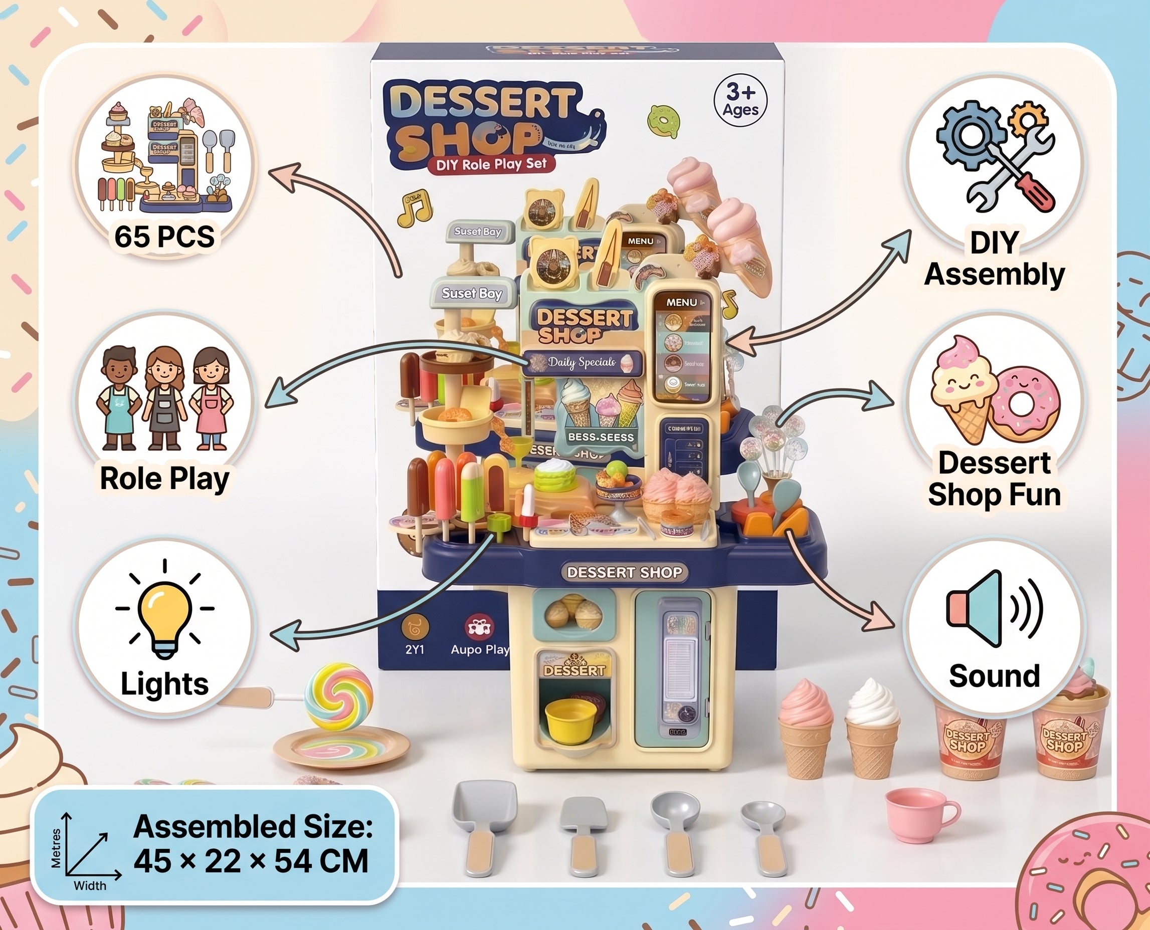 65 PCS Kids Dessert Shop DIY Role Play Set with Lights & Sound