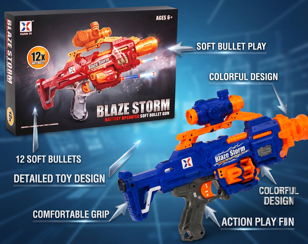Blaze Storm Soft Bullet Toy Blaster (Item No. 7057) – Battery-Operated Foam Blaster with Tactical Scope, Rotating Cylinder, 12 Soft Bullets, and Display Box for Kids Age 6+