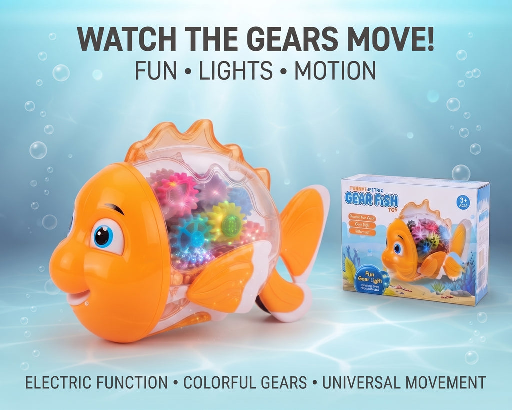 Funny Electric Gear Fish Toy – Transparent Moving Mechanical Fish with Colorful Gears, Dazzling Light Effects, and Universal Motion Bump-and-Go Action