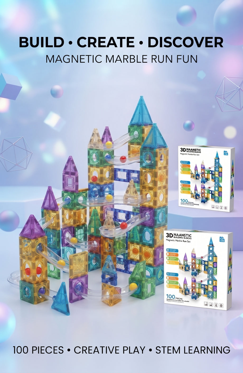 100 Pieces 3D Magnetic Building Blocks Marble Run Set – Educational STEM Construction Toy with Transparent Colorful Tiles, Racing Tracks, and Gift Box for Kids Age 3+