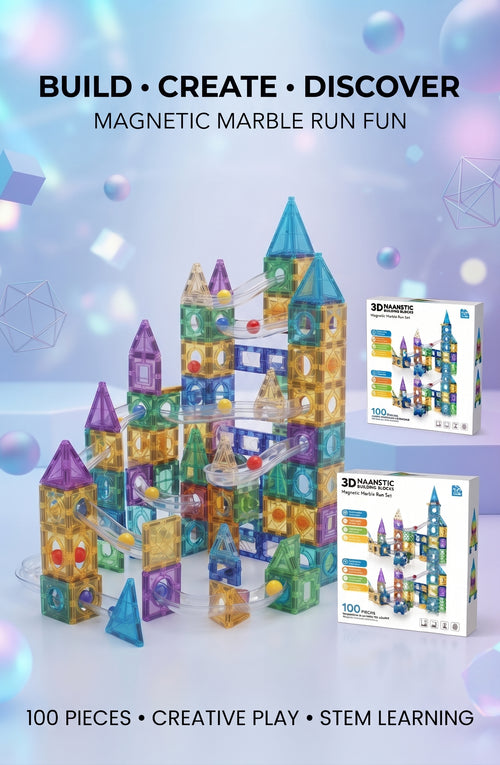100 Pieces 3D Magnetic Building Blocks Marble Run Set – Educational STEM Construction Toy with Transparent Colorful Tiles, Racing Tracks, and Gift Box for Kids Age 3+