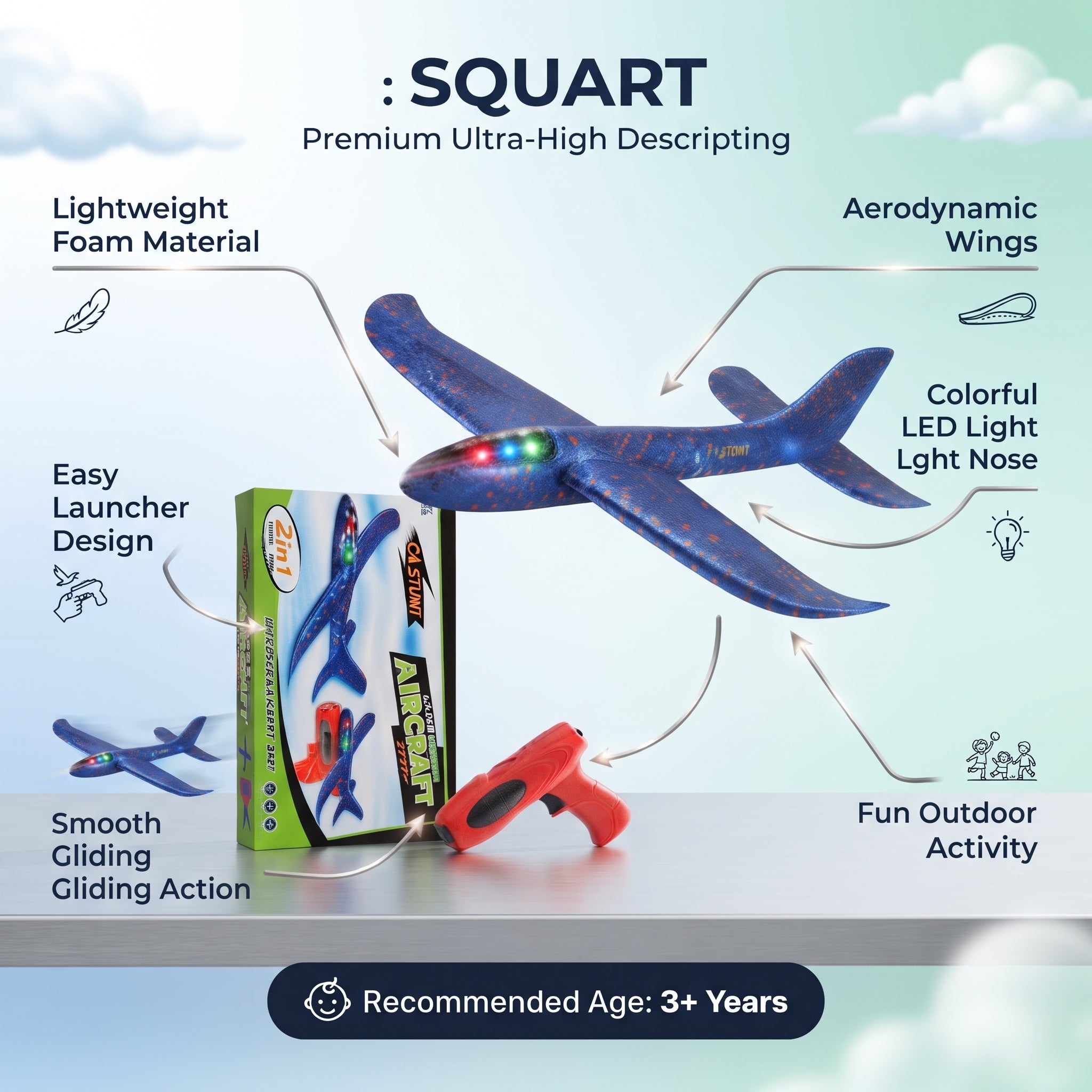 AIRCRAFT Super Glider Foam Airplane Toy with Launcher | LED Light Flying Plane for Kids