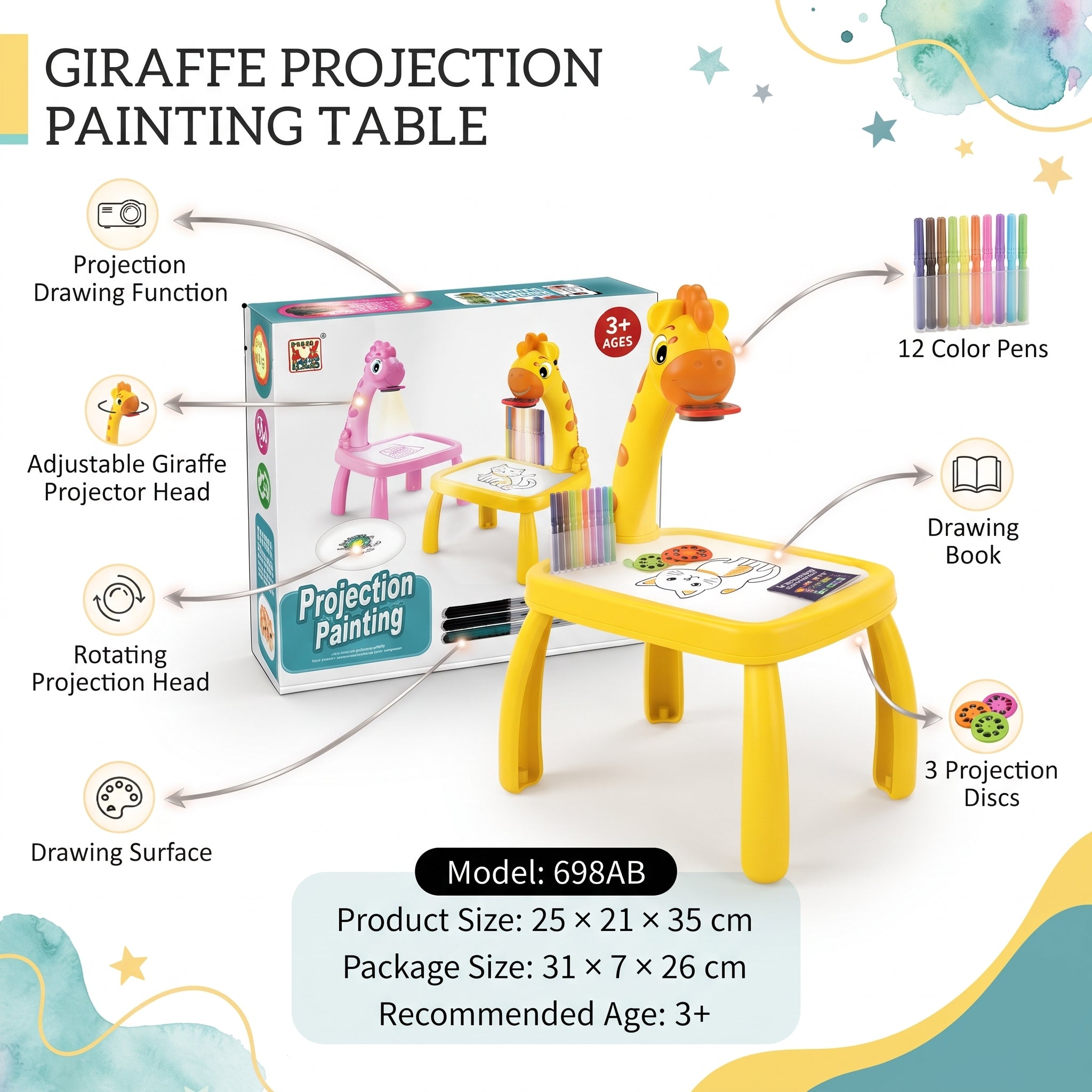 Giraffe Projection Painting Table for Kids | Drawing Projector Desk with 12 Pens & 3 Projection Discs