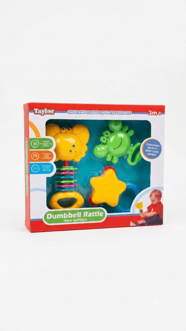 Taylor Dumbbell Rattle New Edition – Infant Teething and Sensory Rattle Toy Set for Babies (3+ Months)