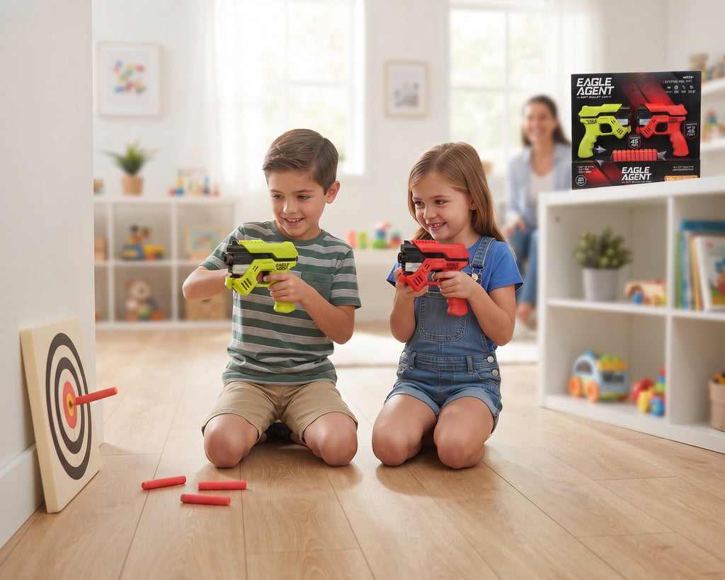 Eagle Agent Soft Bullet Gun Set – Dual Blaster Toy Set with 10 Reusable EVA Foam Darts and Display Box for Kids Age 6+