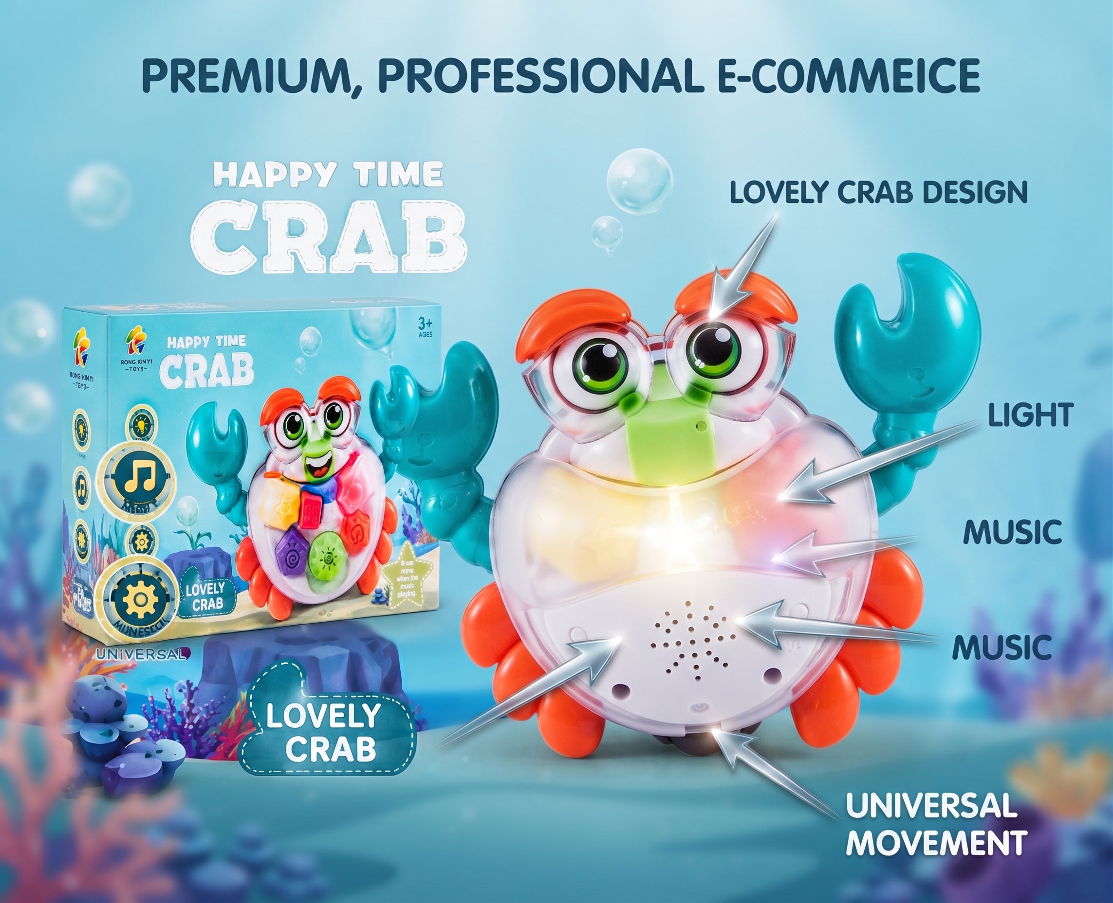 Happy Time Crab Toy – Interactive Musical Walking Crab with Colorful Shape Buttons, Glowing LED Lights, and Universal Bump-and-Go Action