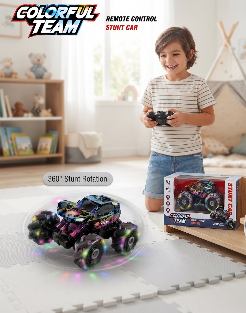 Colorful RC Stunt Car with 2.4GHz Remote Control – 360° Rotating Drift Toy