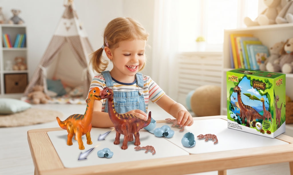 Dinosaur Fossil Toy Set – Prehistoric Brachiosaurus Figures with Fossil Skeletons, Hatching Eggs, Discovery Rocks, and Display Box for Kids Age 3+
