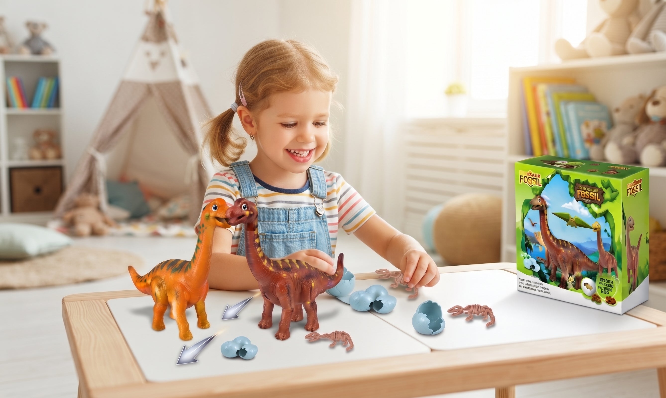 Dinosaur Fossil Toy Set – Prehistoric Brachiosaurus Figures with Fossil Skeletons, Hatching Eggs, Discovery Rocks, and Display Box for Kids Age 3+