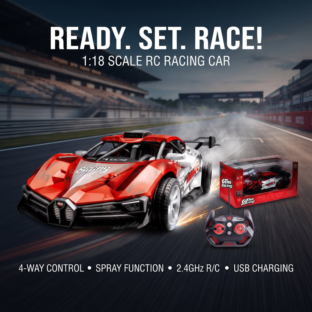 6Tns Racing 1:18 Scale RC Car with Spray Function, 2.4GHz Remote Control, 4-Way Driving, and USB Charging – High-Speed Electric Toy Car for Kids
