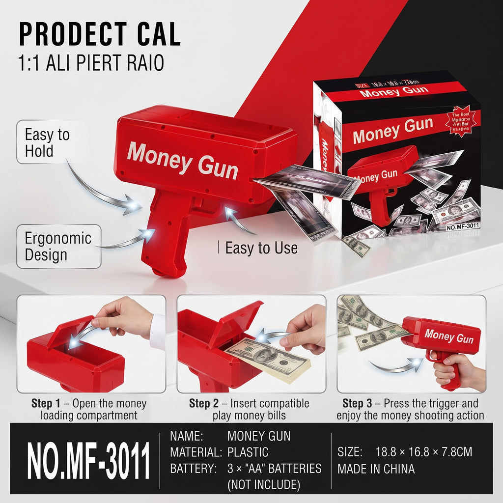 Money Gun Toy for Parties | Red Play Money Shooter with Fun Bill Shooting Action
