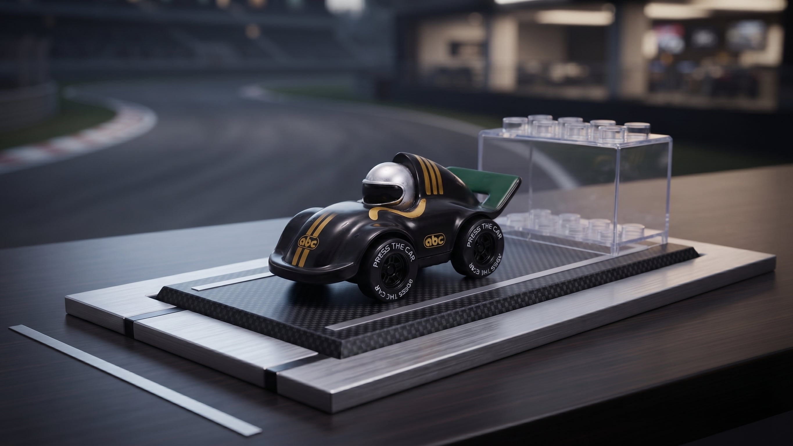 Mini Racing Car with Transparent Display Case – Collectible Die-Cast Style Motor Toy with Silver Driver Helmet, Sporty Wheels, and Protective Showcase Box for Kids and Collectors