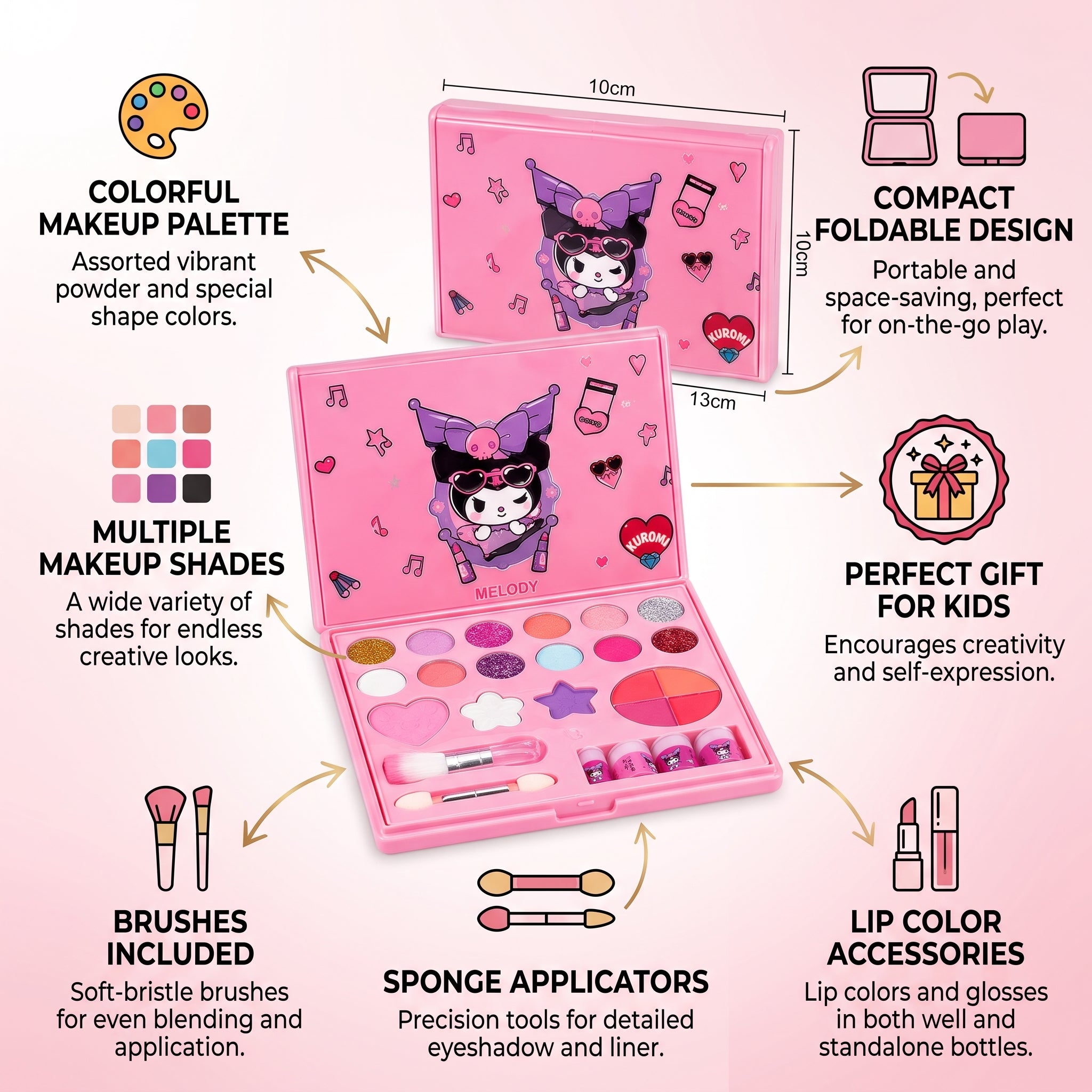 Kids Pink Makeup Kit | Cute Foldable Makeup Palette Set with Brushes & Colorful Makeup Shades