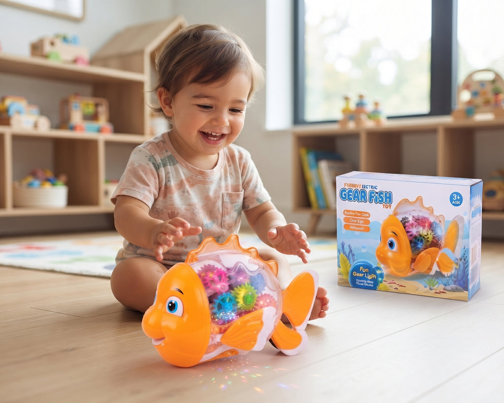 Funny Electric Gear Fish Toy – Transparent Moving Mechanical Fish with Colorful Gears, Dazzling Light Effects, and Universal Motion Bump-and-Go Action