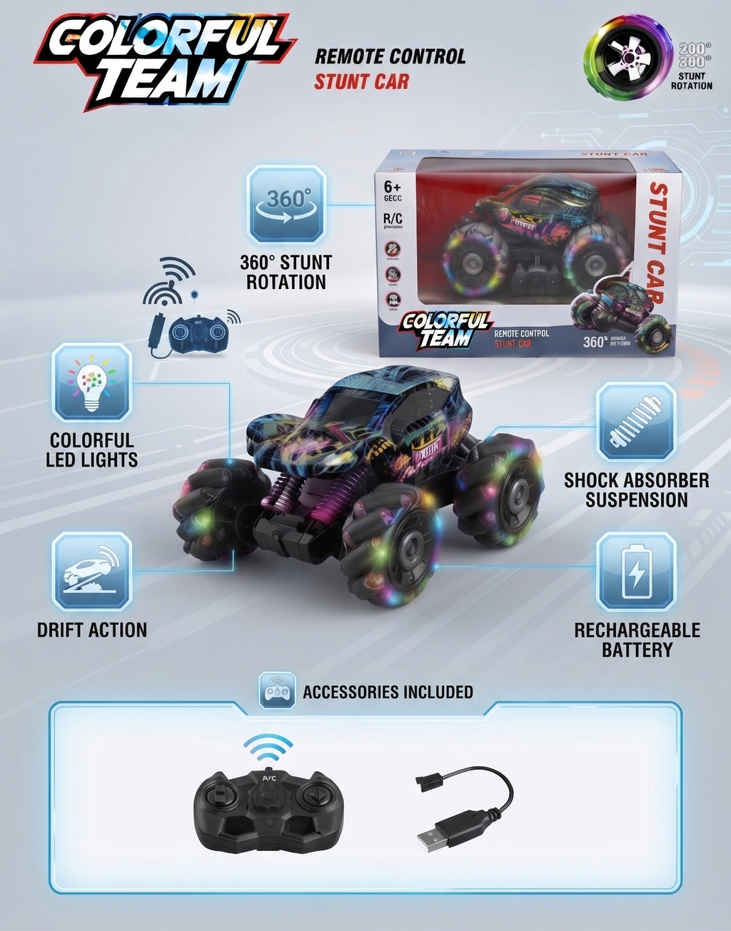 Colorful RC Stunt Car with 2.4GHz Remote Control – 360° Rotating Drift Toy