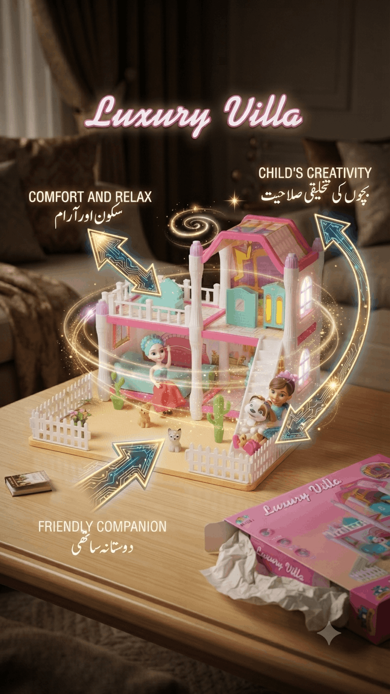Luxury Villa 3-in-1 DIY Dollhouse Building Toy – 103-Piece Pretend Play Castle Set with Mini Figures and Furniture for Kids (3+ Years)