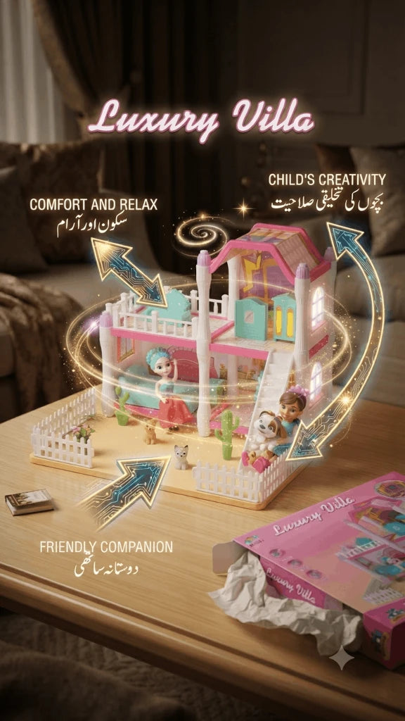 Luxury Villa 3-in-1 DIY Dollhouse Building Toy – 103-Piece Pretend Play Castle Set with Mini Figures and Furniture for Kids (3+ Years)