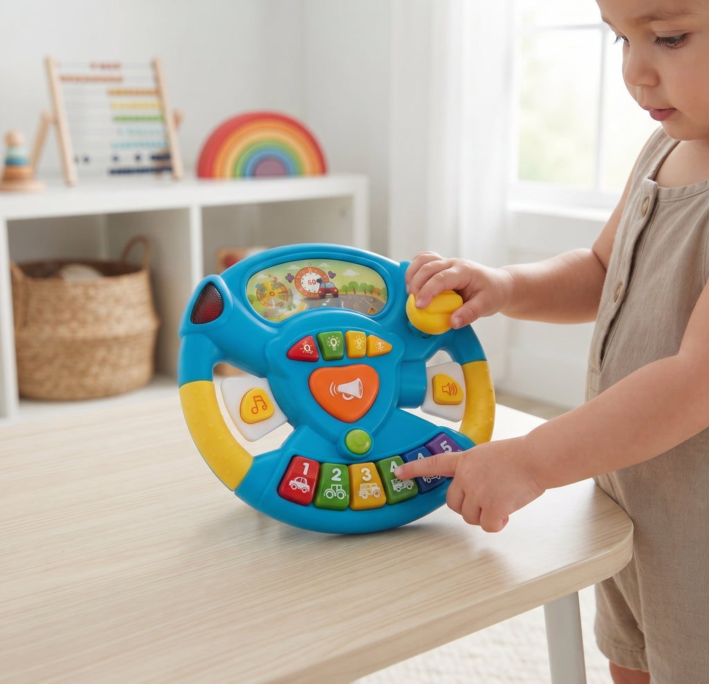 Baby Musical Steering Wheel Toy with Flashing Lights, Gear Lever & Colorful Buttons - Interactive Driving Learning Toy for Kids (18+ Months)