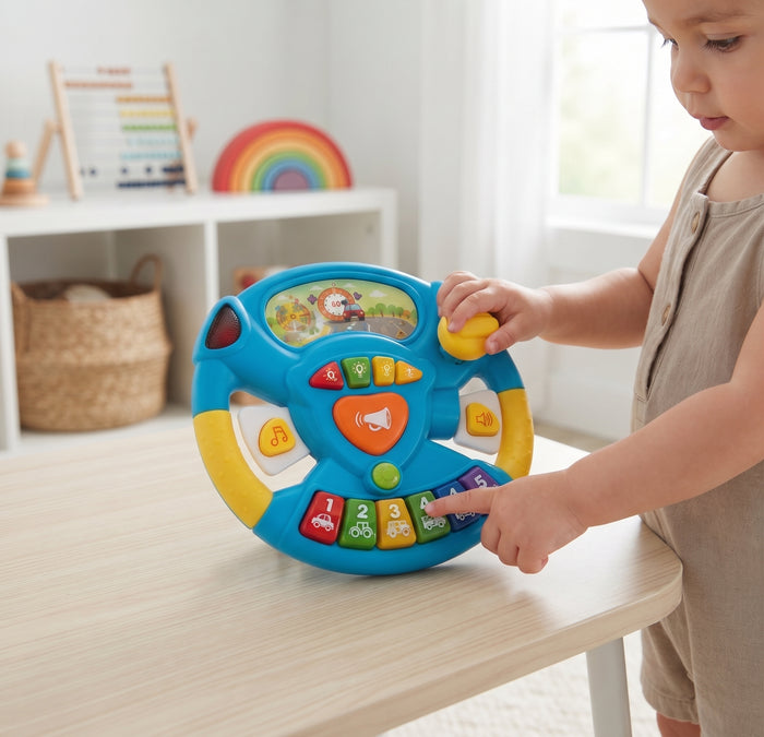 Baby Musical Steering Wheel Toy with Flashing Lights, Gear Lever & Colorful Buttons - Interactive Driving Learning Toy for Kids (18+ Months)