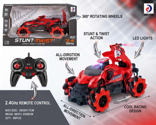2.4GHz RC Stunt Twist Car (Item No. 2076A-MY) – High-Speed Spray Drift Vehicle with 360° Rotating Mecanum Wheels, LED Lights, and Remote Control for Kids Age 6+