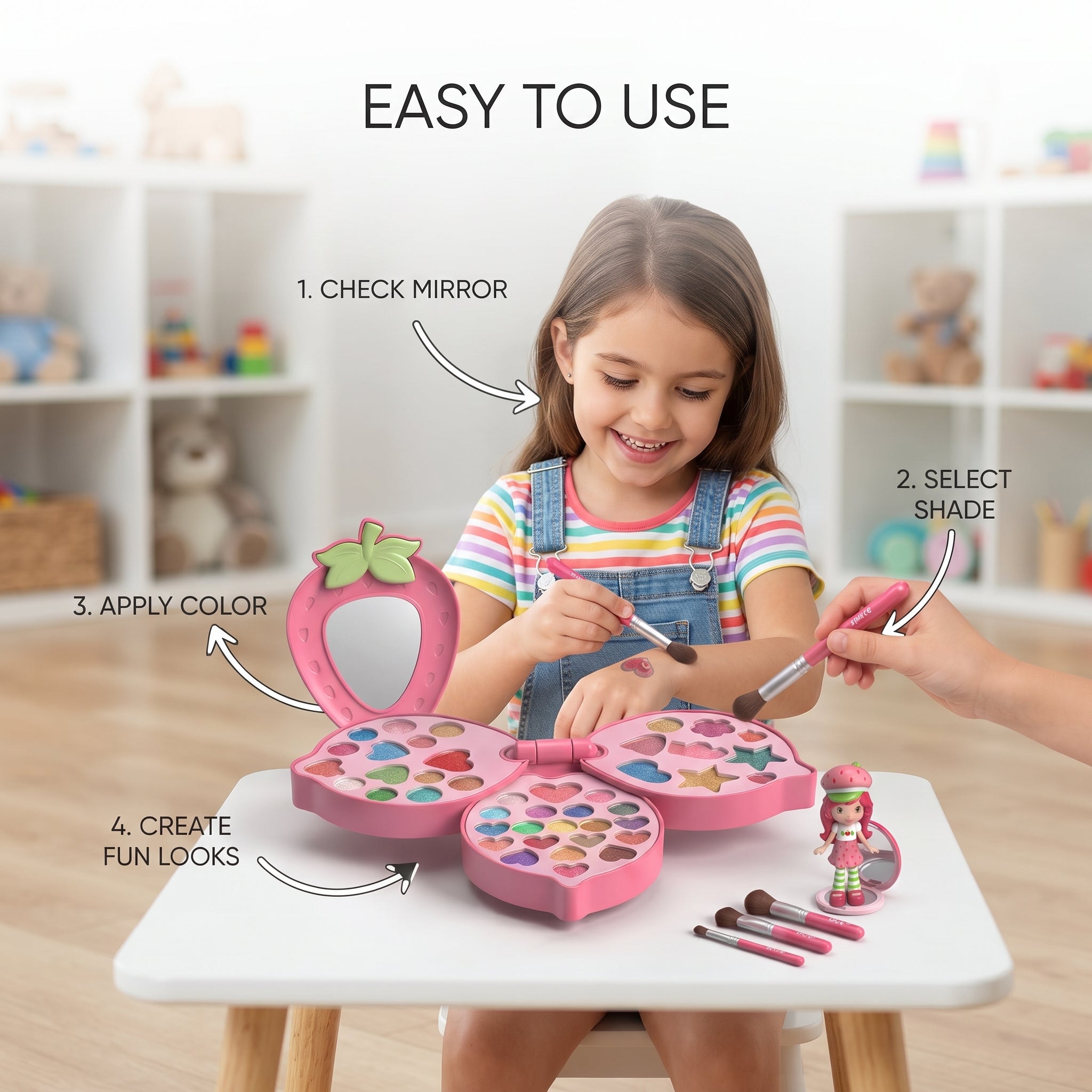 Strawberry Princess Makeup Set for Kids – Foldable Flower Cosmetic Palette with Mirror, Collectible Character Figure, and Mini Makeup Brushes