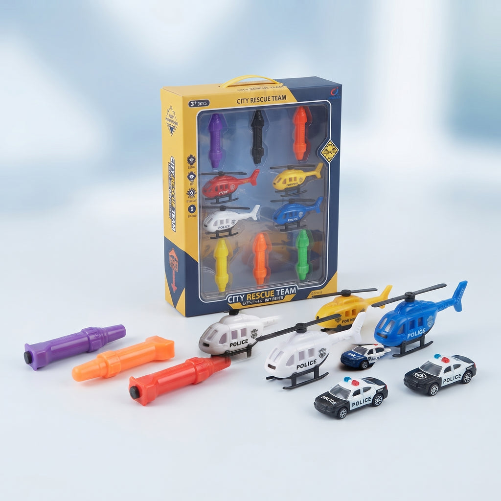 City Rescue Team Pull Back Helicopter Toy Set – 4 Mini Helicopters with Launchers