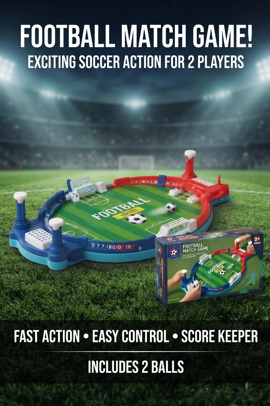 Tabletop Football Match Game - 2-Player Interactive Soccer Arena Toy with Easy Control Handles, Score Keeper, and 2 Balls for Kids