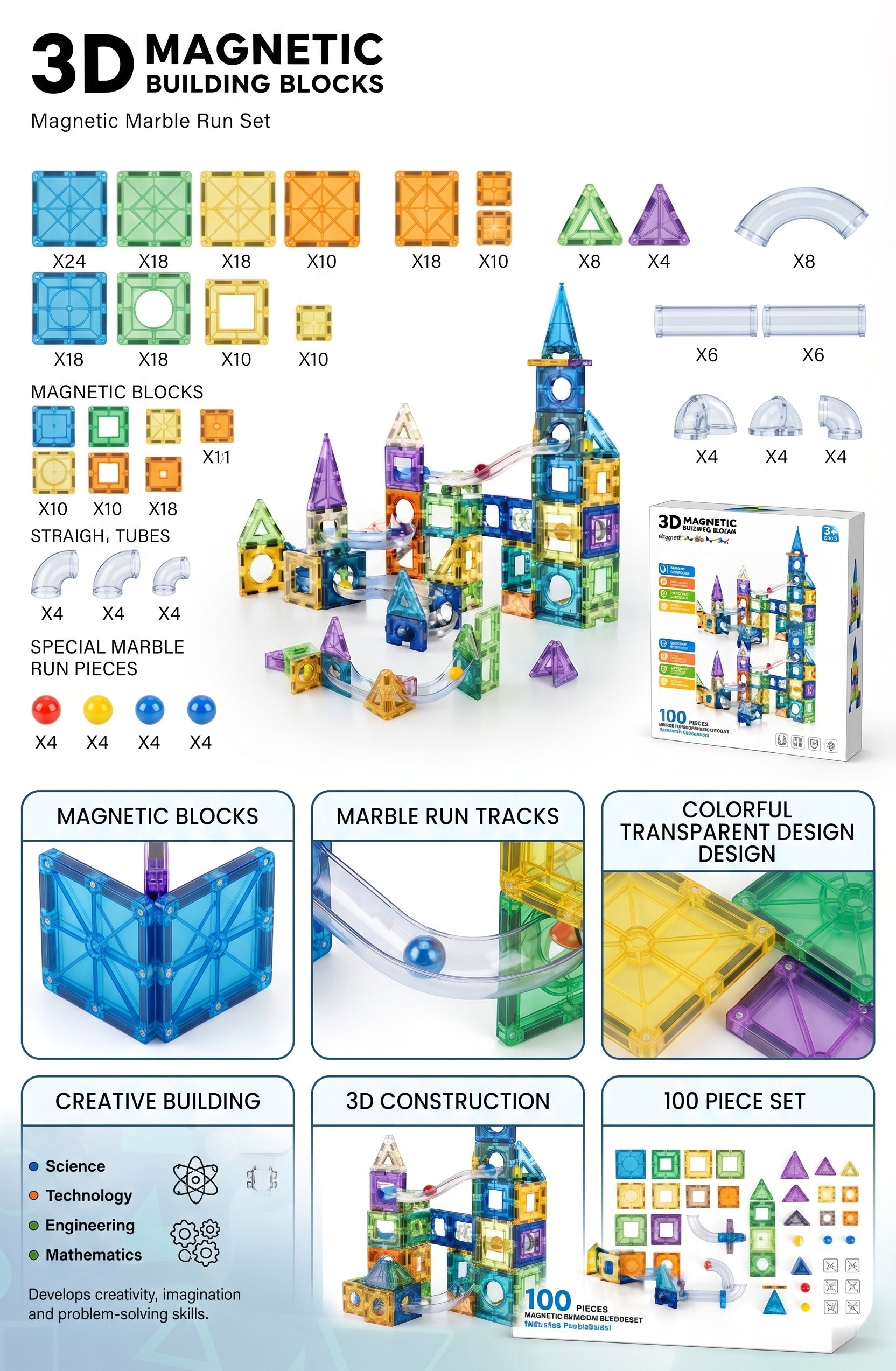 100 Pieces 3D Magnetic Building Blocks Marble Run Set – Educational STEM Construction Toy with Transparent Colorful Tiles, Racing Tracks, and Gift Box for Kids Age 3+