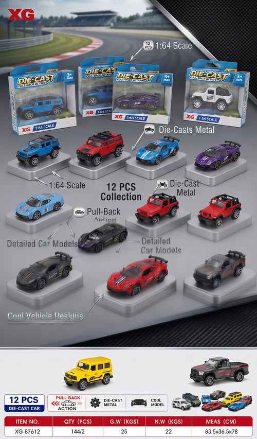 12 PCS Die-Cast Metal Car Set – 1:64 Scale Pull-Back Toy Car Collection