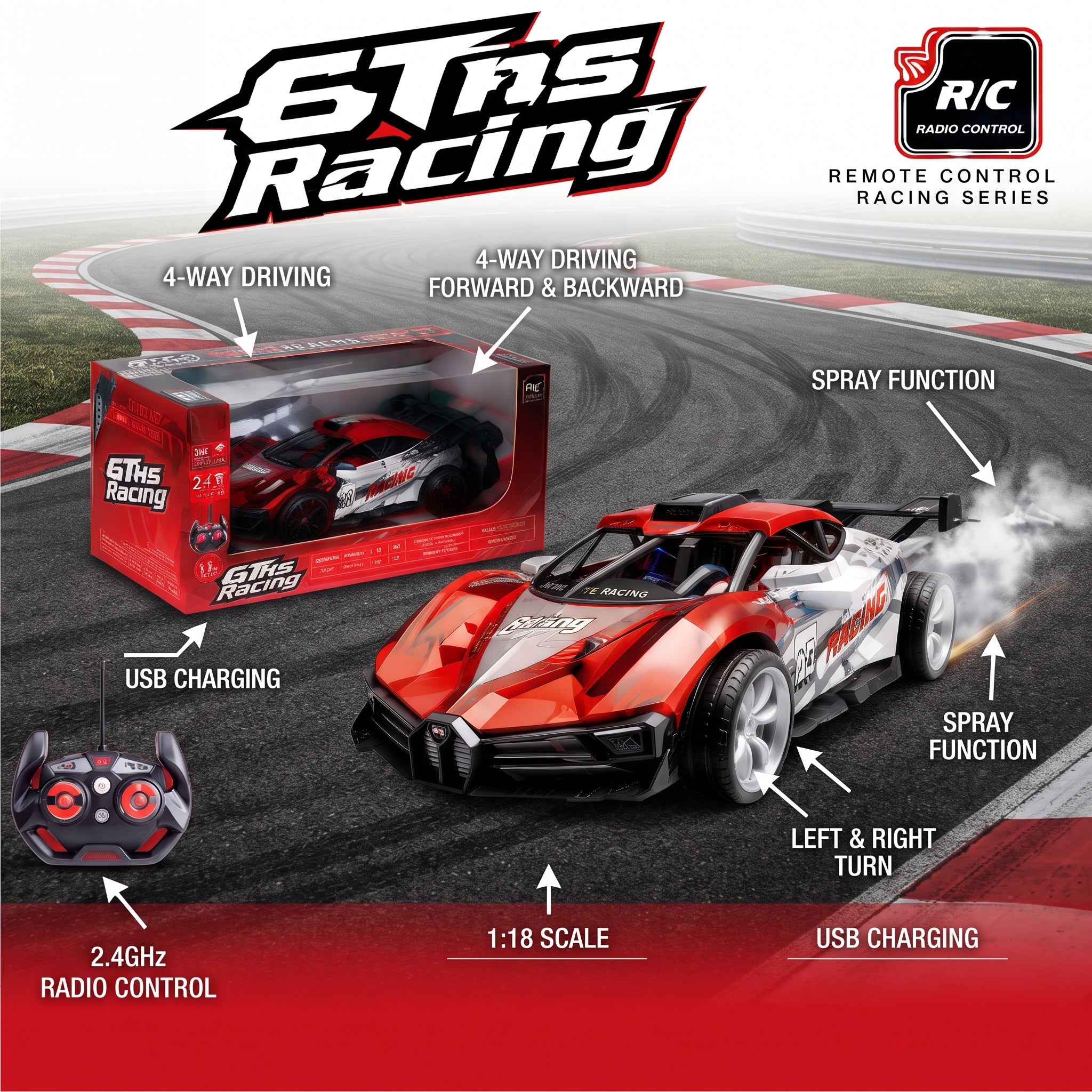 6Tns Racing 1:18 Scale RC Car with Spray Function, 2.4GHz Remote Control, 4-Way Driving, and USB Charging – High-Speed Electric Toy Car for Kids