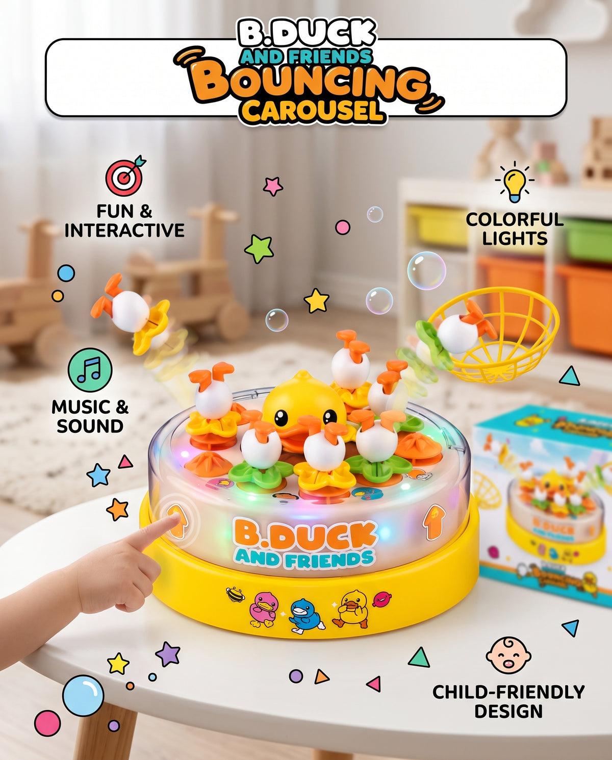 B.Duck & Friends Bouncing Carousel – Interactive Musical Catching Game with Lights