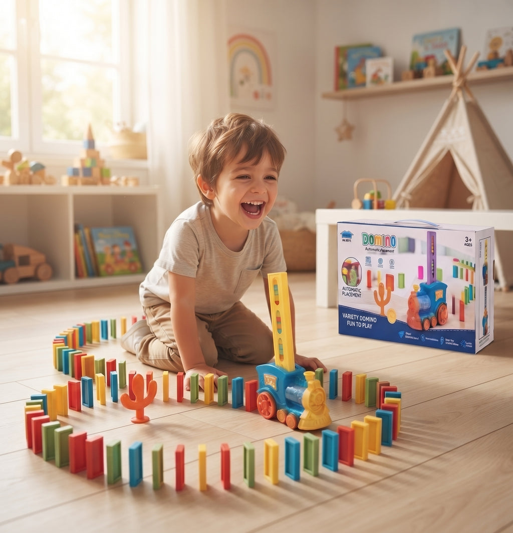 DOMINO Train Toy Set – Automatic Domino Laying Electric Locomotive with Colorful Blocks, Sound Effects, and Gift Box for Kids Age 3+