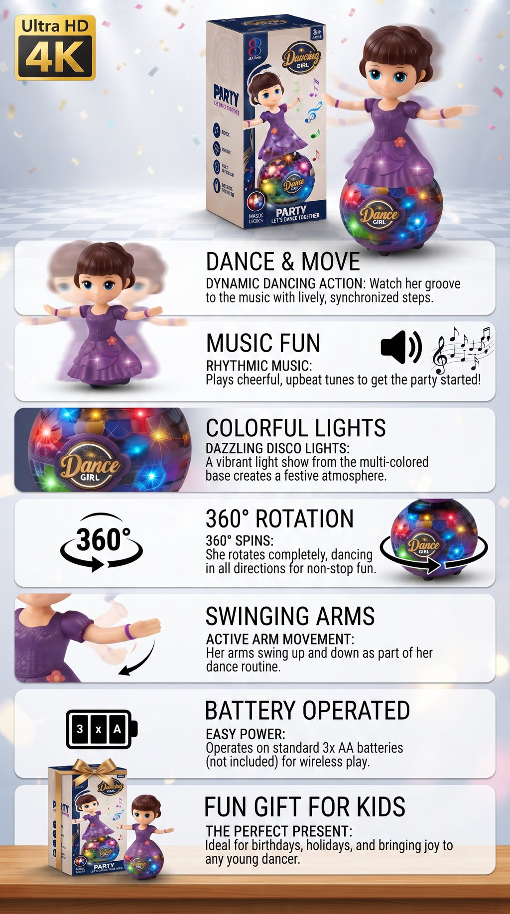 Dancing Girl Musical Toy – Rotating Electronic Doll with Dazzling Disco Ball Base, Colorful Flashing Lights, Cheerful Tunes, and Swinging Arms for Kids