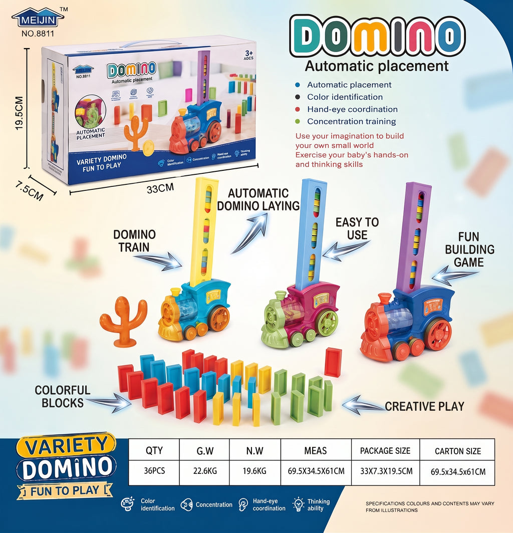 DOMINO Train Toy Set – Automatic Domino Laying Electric Locomotive with Colorful Blocks, Sound Effects, and Gift Box for Kids Age 3+