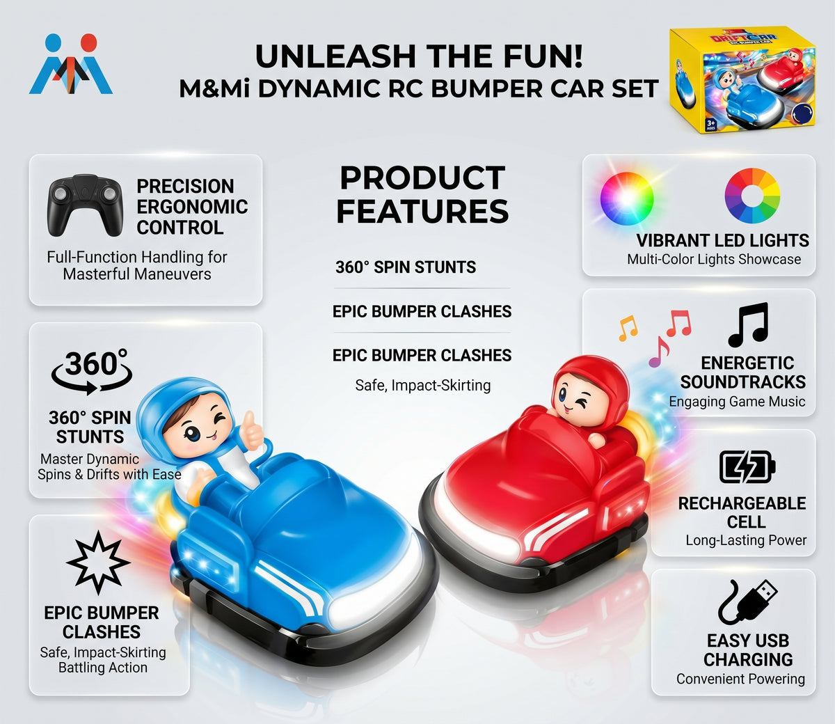 Interactive RC Bumper Car Set with 360° Spin, Lights & Music