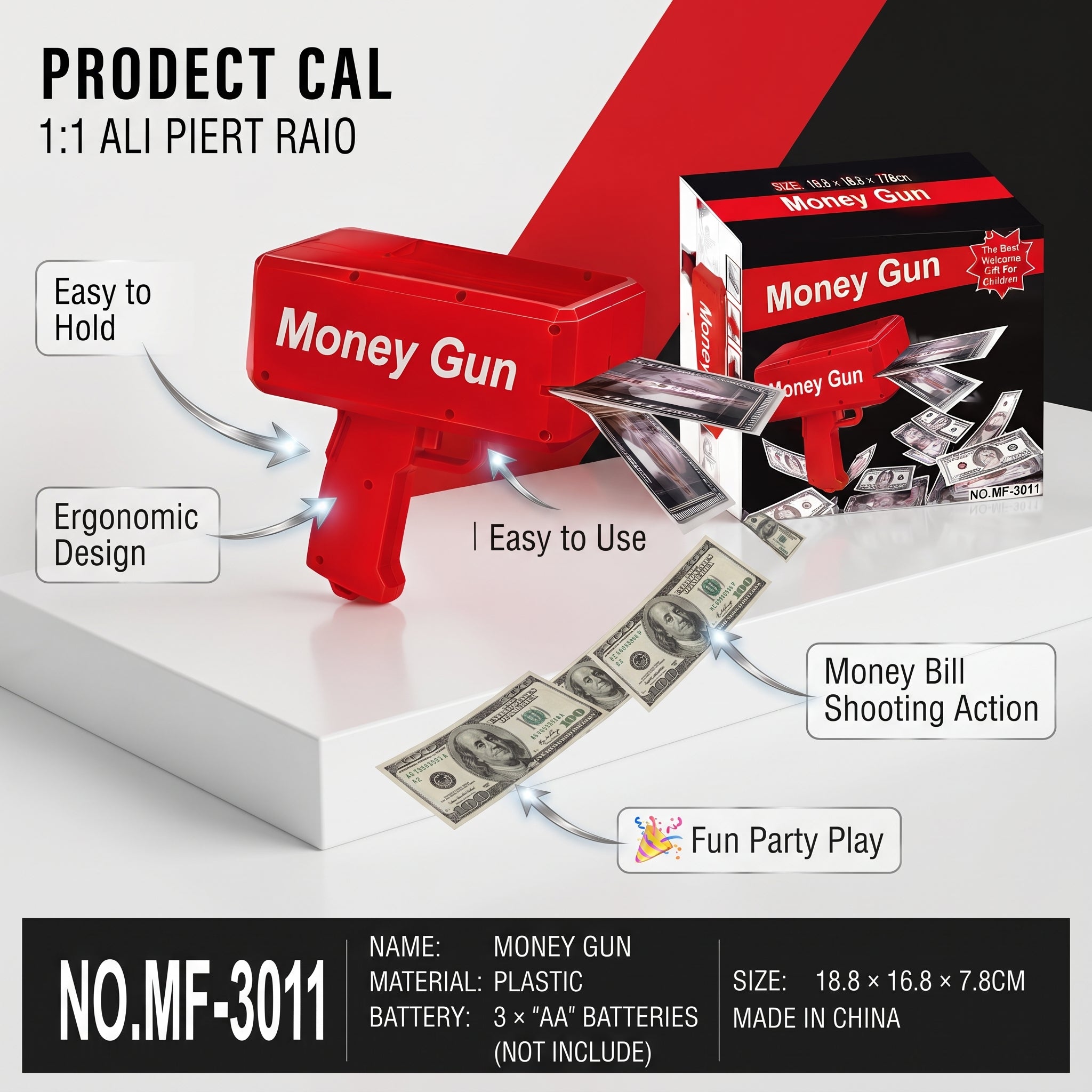 Money Gun Toy for Parties | Red Play Money Shooter with Fun Bill Shooting Action