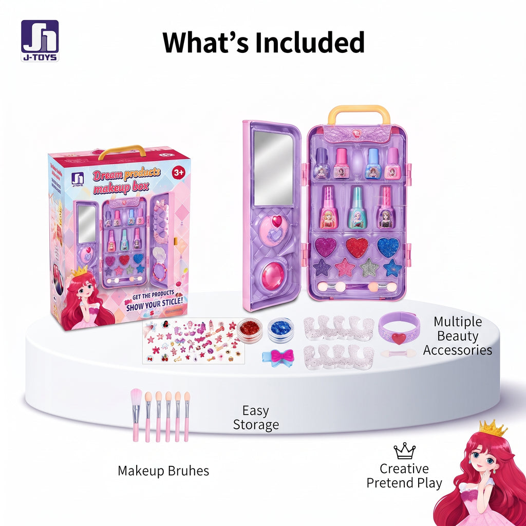 Dream Products Kids Makeup Box | Portable Pretend Play Beauty Set with Mirror & Accessories