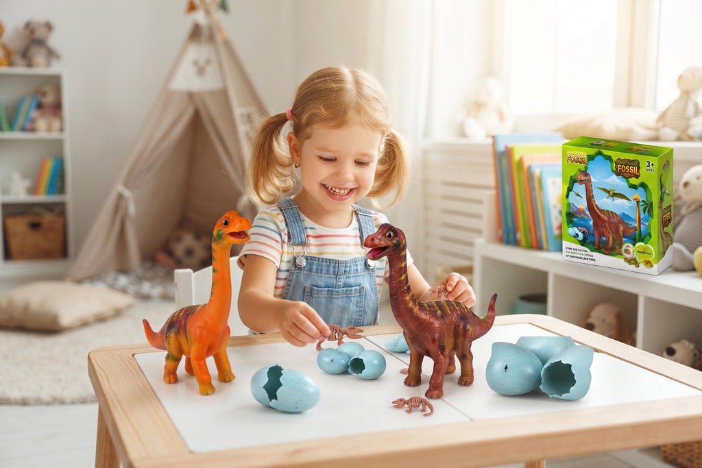 Dinosaur Fossil Egg Toy Set – Prehistoric Brachiosaurus Figures with Fossil Skeletons, Hatching Mystery Eggs, and Display Box for Kids Age 3+