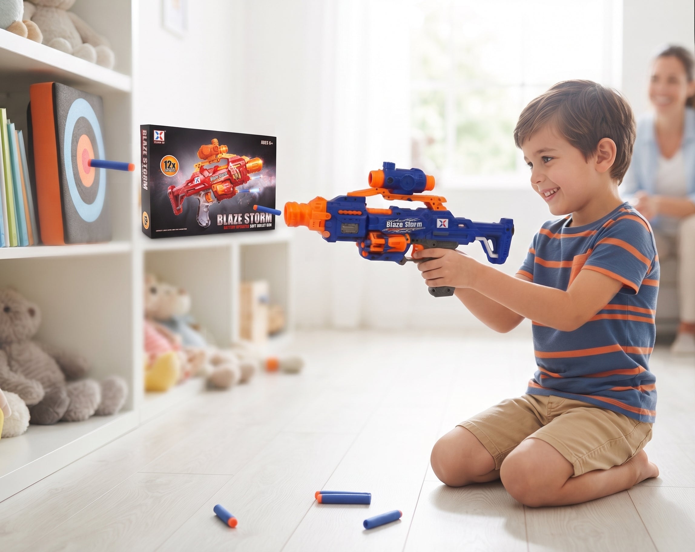 Blaze Storm Soft Bullet Toy Blaster (Item No. 7057) – Battery-Operated Foam Blaster with Tactical Scope, Rotating Cylinder, 12 Soft Bullets, and Display Box for Kids Age 6+