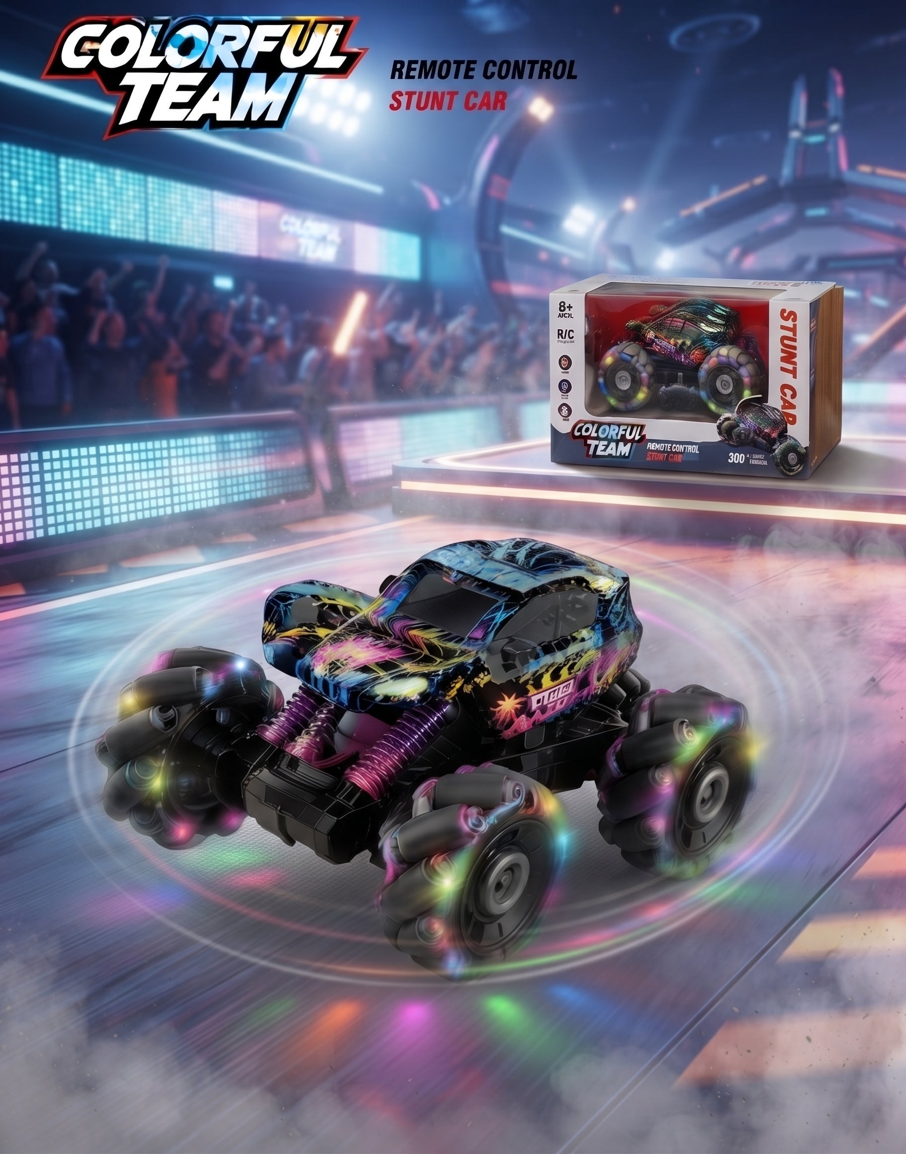Colorful RC Stunt Car with 2.4GHz Remote Control – 360° Rotating Drift Toy